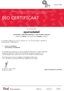 Cert EU BIO certificaat Ayurveda4all tot 31-12-2022